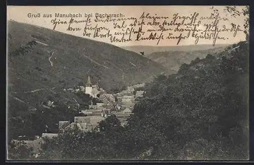 AK Manubach bei Bacharach, Teilansicht mit Kirche