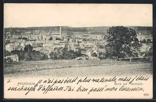 AK Pforzheim, Blick auf den Ort mit Kirche