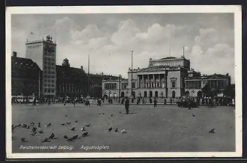 AK Leipzig, Augustusplatz mit Tauben und Strassenbahn