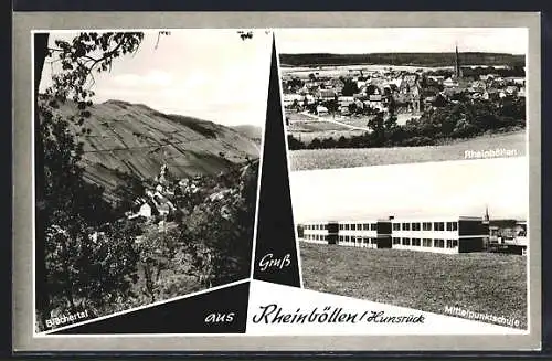 AK Rheinböllen /Hunsrück, Teilansicht, Mittelpunktschule, Blüchertal