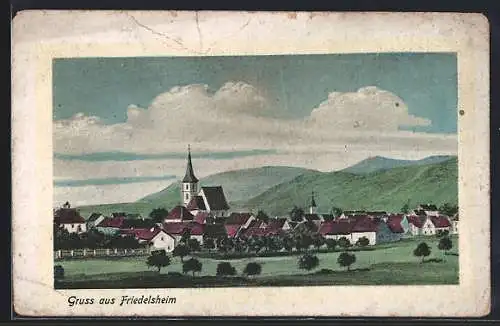 Künstler-AK Friedelsheim, Teilansicht mit Kirche