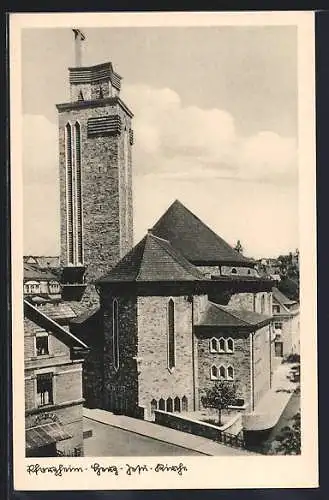 AK Pforzheim, Herz-Jesu-Kirche von oben