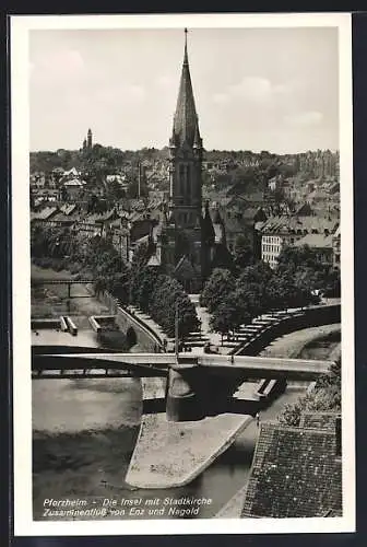 AK Pforzheim, Insel mit Stadtkirche, Zusammenfluss Enz u. Nagold