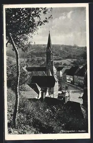 AK Weingarten /Baden, Teilansicht mit Kirche aus der Vogelschau