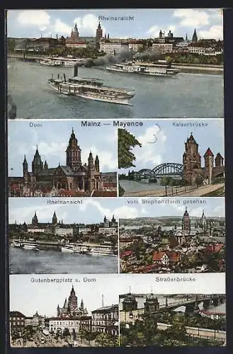 AK Mainz, Rheinansicht, Dom, Kaiserbrücke, Gutenbergplatz und Strassenbrücke