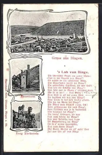 AK Bingen / Rhein, Mäuseturm, Ortsansicht, Lobgedicht