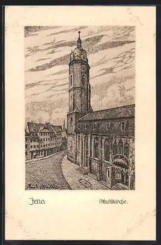 Künstler-AK Jena, Strassenansicht mit Stadtkirche