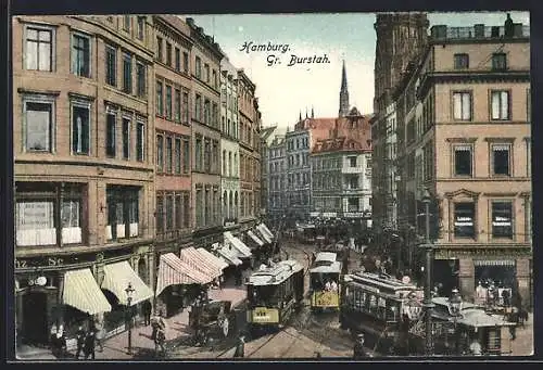 AK Hamburg, Gr. Burstah, Strasenpartie mit Geschäften und Strassenbahn