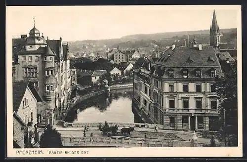 AK Pforzheim, Ortsansicht mit Enzpartie, Hotel Kaiserhof