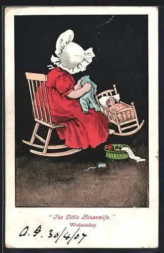 AK Mädchen näht Kleidung für Puppe im Puppenwaqgen