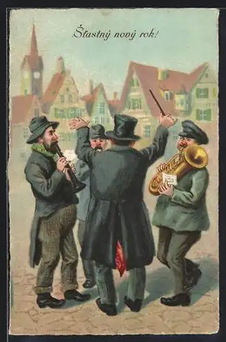 AK Musiktrio mit Tuba, Klarinette unde Dirigent auf einem Platz