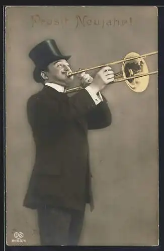 AK Posaunenspieler mit Zylinder, Neujahrsgruss
