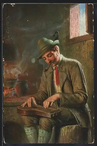 AK Zitherspieler in Tracht in einer Stube