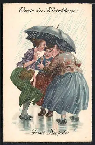 AK Frauenfeindlicher Humor, Verein der Klatschbasen im Regen auf der Strasse