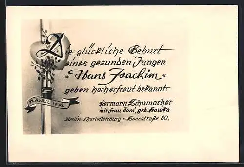 Künstler-AK Berlin-Charlottenburg, Geburtsanzeige von Hans Joachim Schumacher, Soorstrasse 80