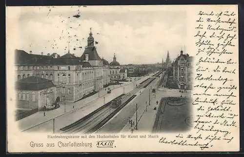 AK Berlin-Charlottenburg, Hardenbergstrasse mit den Hochschulen für Kunst und Musik und Strassenbahn