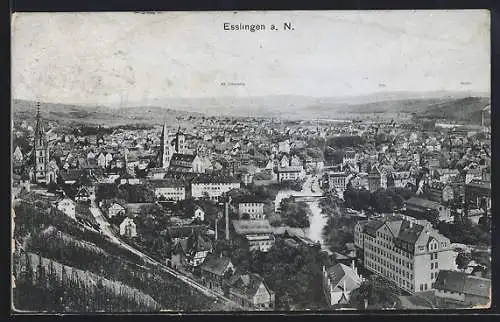 AK Esslingen a. N., Teilansicht mit Alb-Panorama, Teck und Neuffen