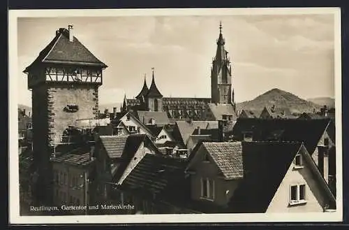 AK Reutlingen, Teilansicht mit Gartentor und Marienkirche