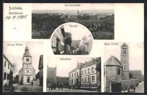 AK Dalsheim, Obertor, Schule, Evang. und Kath. Kirche und Ortspanorama