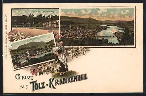 Lithographie Tölz-Krankenheil, Isarbrücke und Kalvarienberg, Orts-Panorama