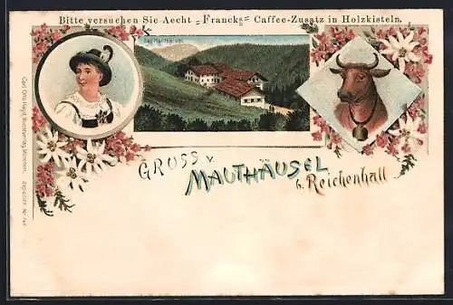 Lithographie Reichenhall, Gasthof Mauthäusel Frau in Tracht und Kuh mit Glocke