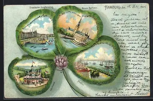 Passepartout-Lithographie Hamburg, Neues Rathaus, Fährhaus, Hafen, Alter- und neuer Jungfernstieg im Kleeblatt