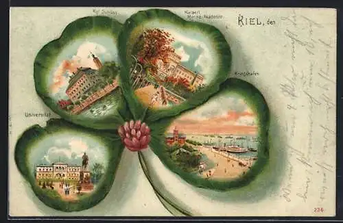 Passepartout-Lithographie Kiel, Kaiserl. Marine-Akademie Universität und Kriegshafen im Kleeblatt