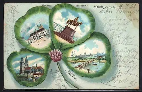Passepartout-Lithographie Magdeburg, Alter Markt, Kaiserdenkmal, Dom, Elbbrücke mit Stadtansicht