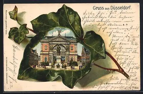 Passepartout-Lithographie Düsseldorf, Ansicht der Kunsthalle in einem Efeublatt