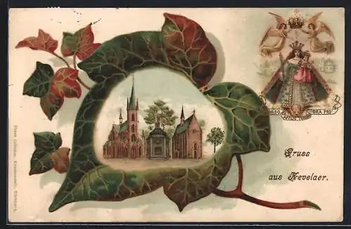Passepartout-Lithographie Kevelaer, Ansicht der Kirchen in einem Efeublatt