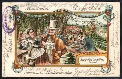 Lithographie München-Harlaching, Bürger-Bräu Menterschwaige, Volksfest 1904