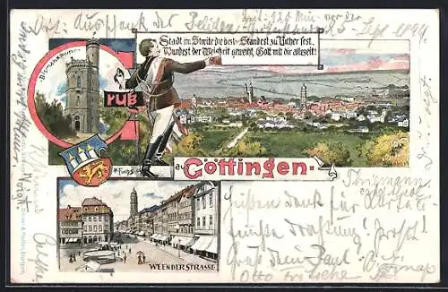 Lithographie Göttingen, Bismarckturm, Weenderstrasse und Panorama