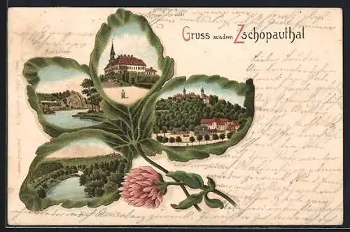 Passepartout-Lithographie Zschopau, Ansichten von Flussufer, Burg und Klippen in einem Kleeblatt