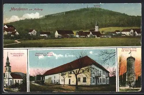 AK Moosbronn am Malberg, Gasthaus zum Strauss, Wallfahrtskirche Maria-Hilf, Karlsruher Turm auf dem Malberg