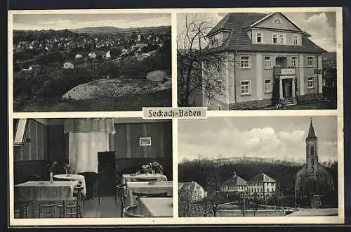 AK Seckach-Baden, Cafe Ebel, Innenansicht, Kirche