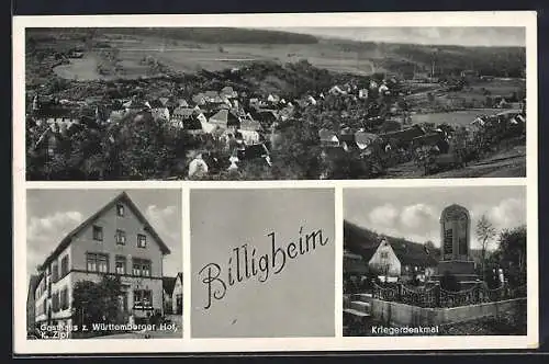 AK Billigheim / Baden, Gasthaus zum Württemberger Hof, Kriegerdenkmal, Teilansicht