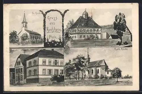 Künstler-AK Ruchheim / Pfalz, Schloss, Pfarrhaus, Kirche