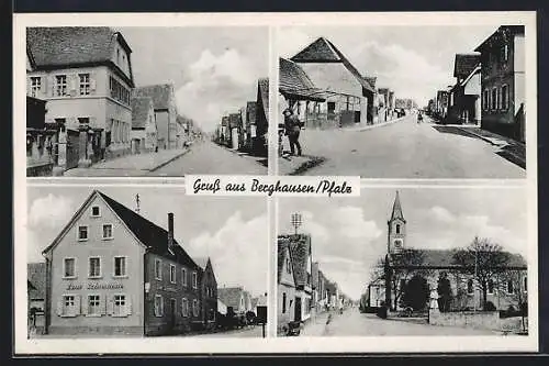 AK Berghausen / Pfalz, Gasthaus Zum Schwanen, Strassenpartie mit Kirche