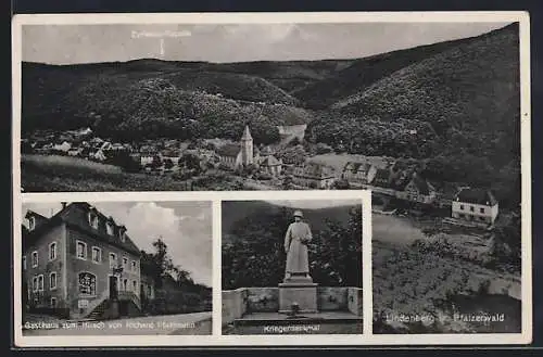 AK Lindenberg / Pfalz, Gasthaus zum Hirsch, Kriegerdenkmal, Teilansicht mit Cyriakus-Kapelle