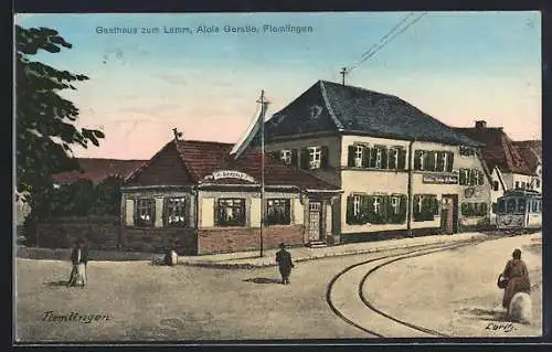 Künstler-AK Flemlingen, Gasthaus zum Lamm mit Strassenbahn