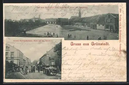 AK Grünstadt / Pfalz, Untere Bahnhofstrasse mit Blick a. d. Bahnhof, Marktplatz