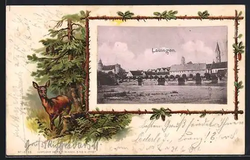 Passepartout-Lithographie Lauingen, Teilansicht mit Brücke