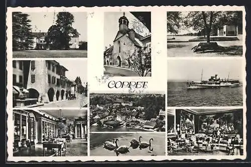 AK Coppet, Dampfer, Kirche und Strassenpartie