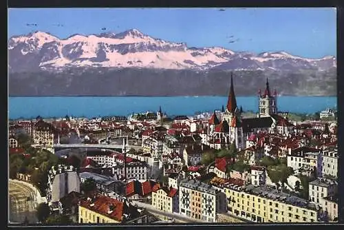 AK Lausanne, Pont Bessière, la Cathédrale et les Alpes