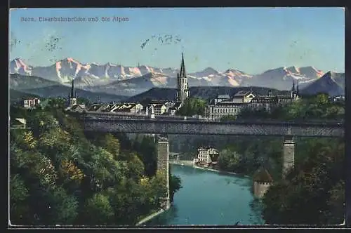 AK Bern, Eisenbahnbrücke und die Alpen