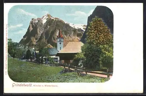 AK Grindelwald, der Weg an der Kirche mit Blick auf das Wetterhorn, um 1900