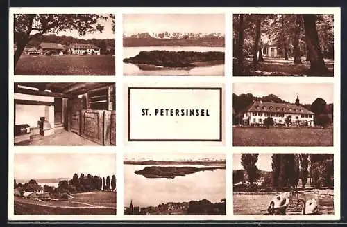 AK St. Petersinsel, Bauernhof, Kapelle, Inselansicht, Alpenblick