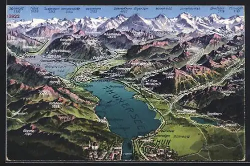 AK Thun, Alpenpanorama und Blick bis Meiringen aus der Vogelschau