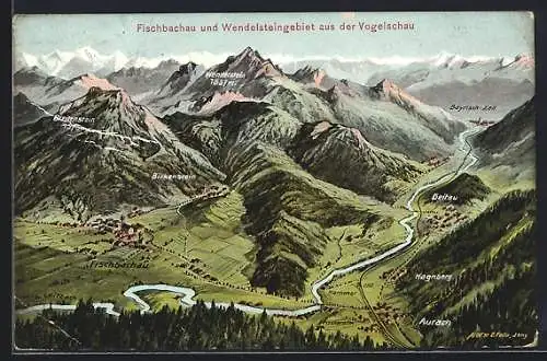 Künstler-AK Eugen Felle: Fischbachau, Ortsansicht und Wendelsteingebiet aus der Vogelschau