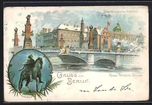 Winter-Lithographie Berlin, Königliches Schloss und Kaiser Wilhelm-Brücke
